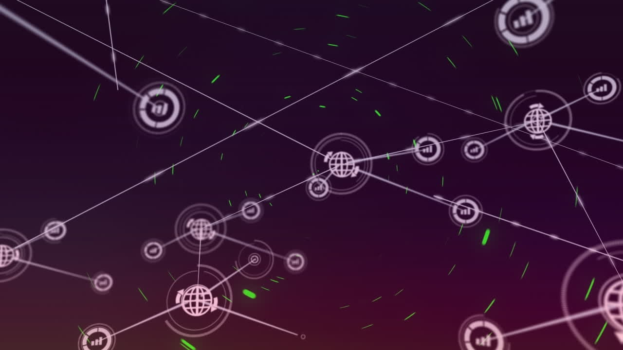 animación de una red de iconos digitales y rastros de luz que giran sobre un fondo de gradiente púrpura