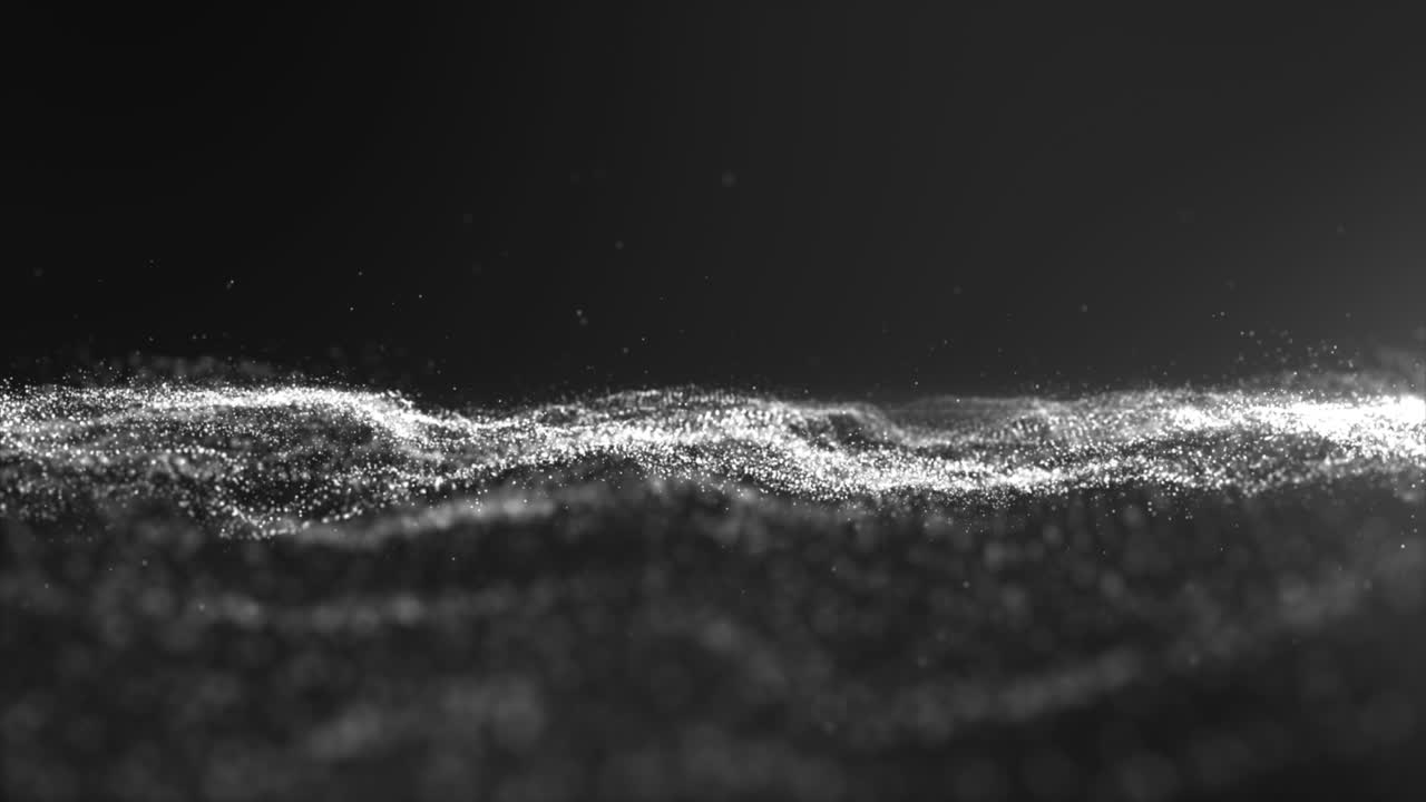 Digitally generated motion graphic mysterious particles wave flowing abstract in cyber space technology de-focus background