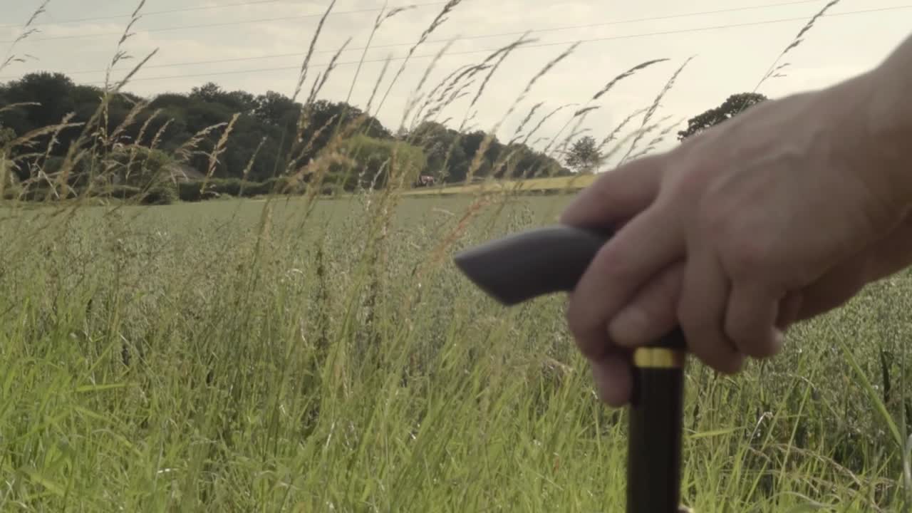 Holding a walking stick with countryside landscape background