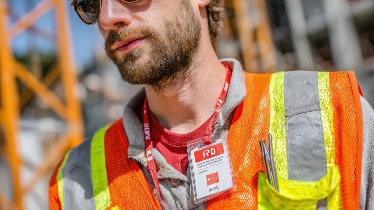 A Construction Worker Wearing Safety Gear and Sunglasses on a Job Site, Focused on His Work Environment While Displaying Essential Safety Protocols and Equipment
