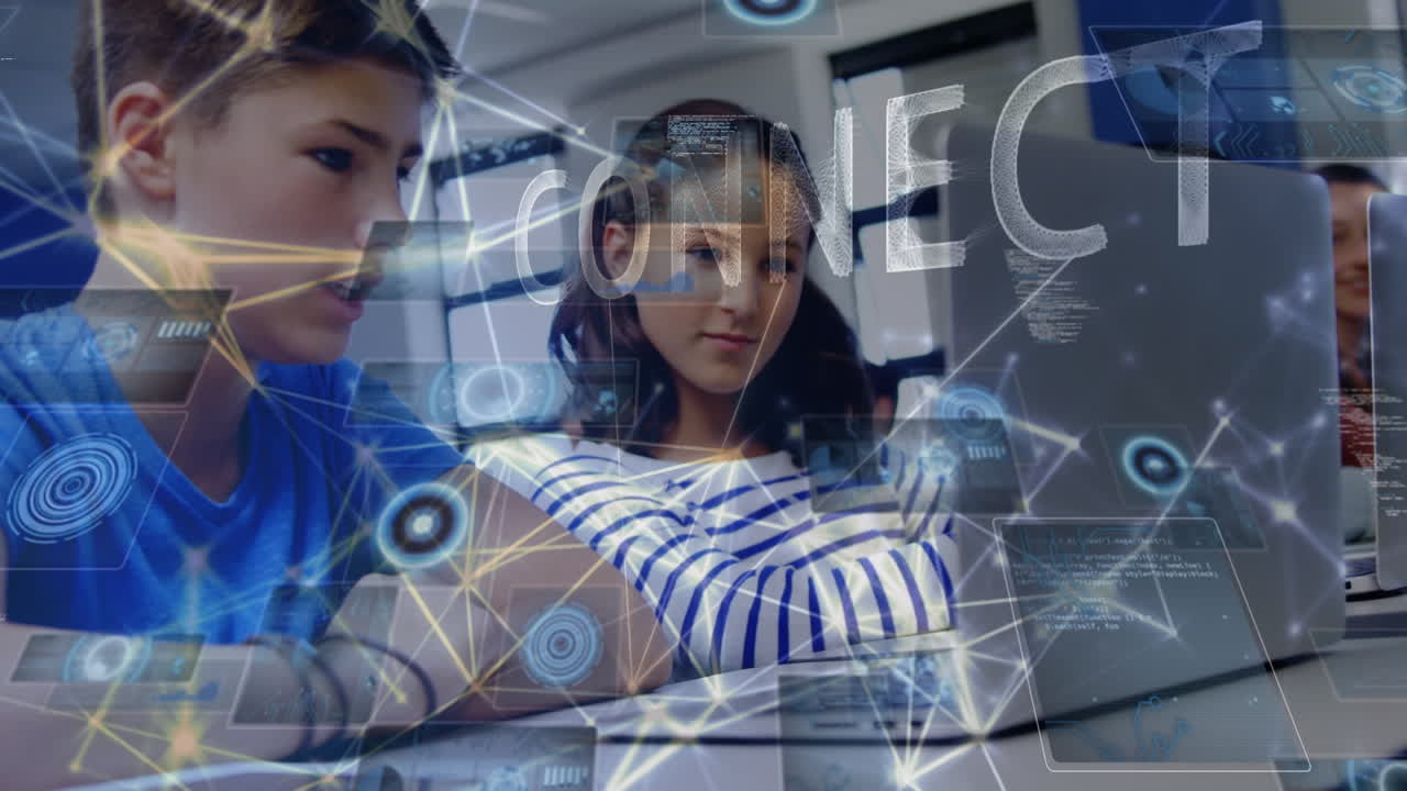 animación de datos y conexiones sobre alumnos adolescentes caucásicos con computadora portátil