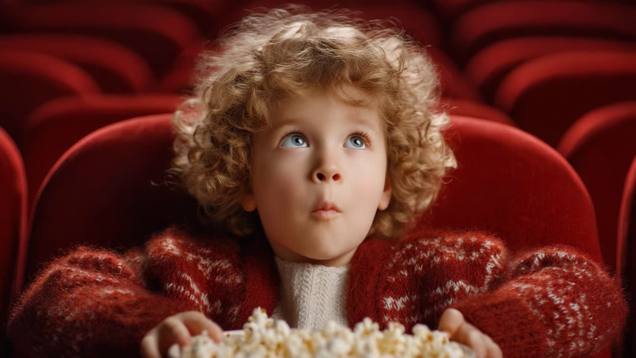 A Young Child with Curly Hair Sits Excitedly in a Movie Theater, Holding a Bowl of Popcorn and Gazing Upwards with Anticipation for the Show to Begin