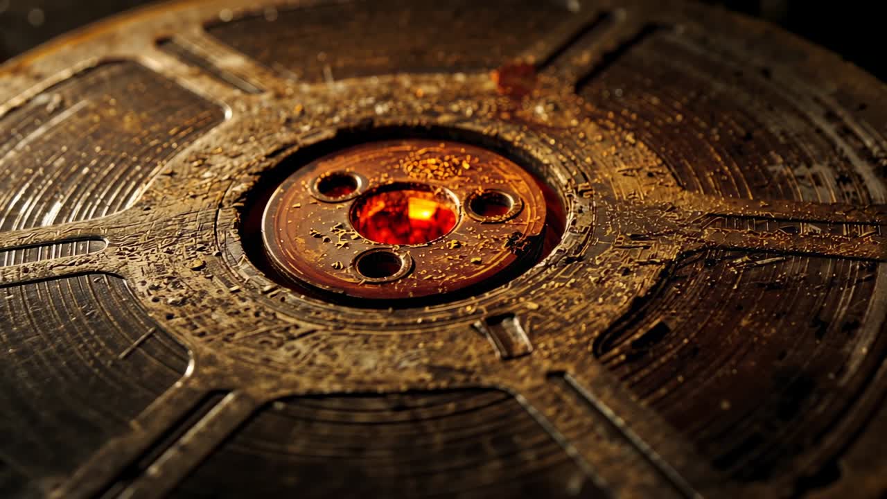 Rotating disc with four-hole hub revealing molten core at forge, with sparking golden droplets