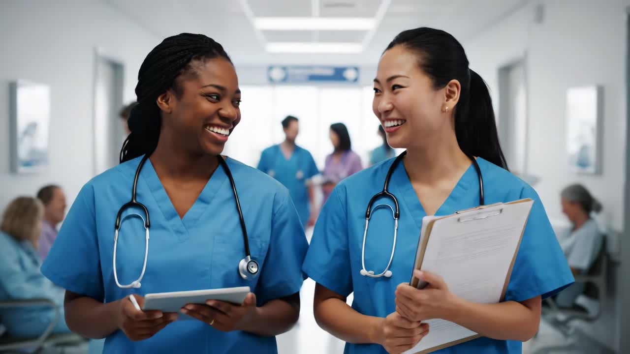 Smiling Nurses in Hospital Hallway