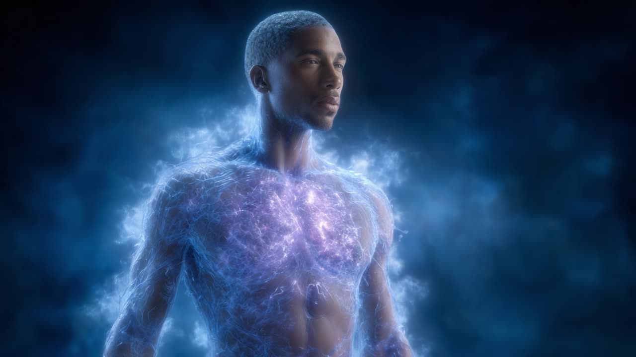 A Powerful Transformation: A Young Man Surrounded by Glowing Energy, Representing Strength and Vitality in a Cosmic Atmosphere