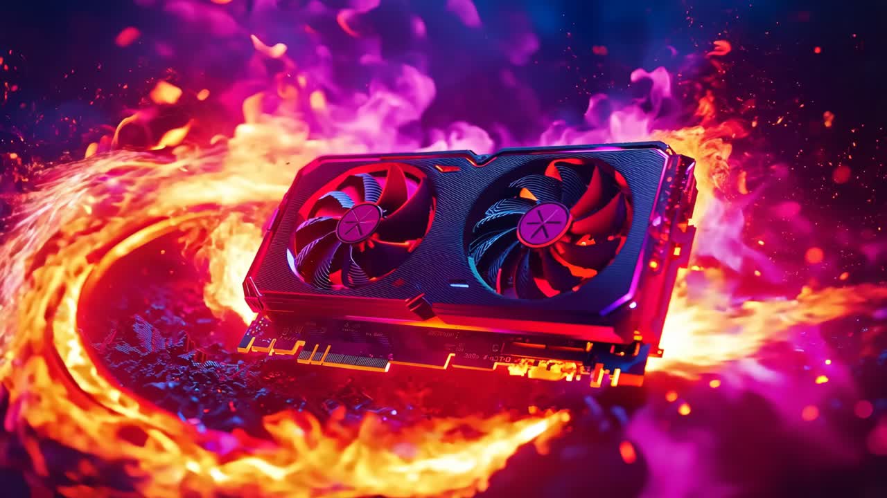 A close up of a video card on fire