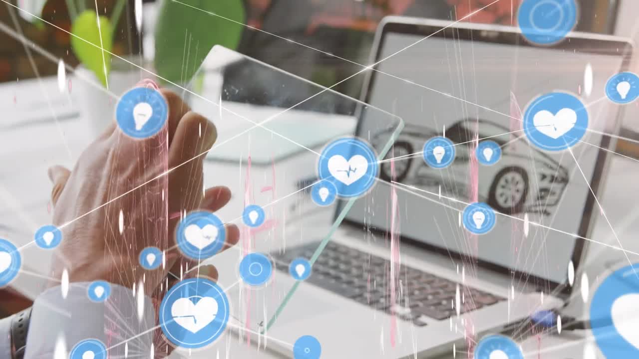 노트북을 사용하는 코카시안 사업가에 대한 아이콘과의 연결 네트워크의 애니메이션