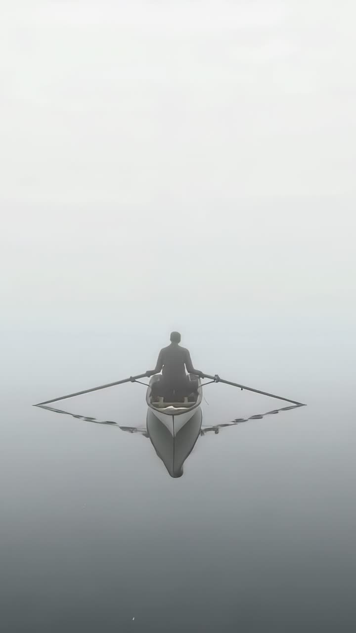 Vertical video: Rowing sculler starting strokes in dark kit moving to lens on foggy lake with oars