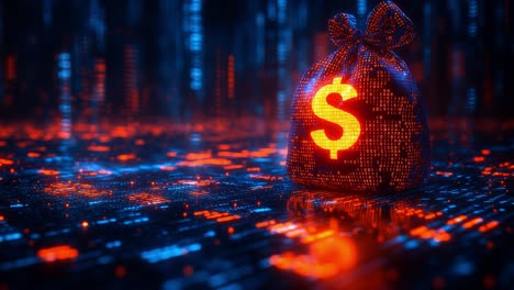 glowing dollar sign wallet. a glowing money bag is set against a backdrop of binary code, symbolizing digital currency and finance technology.