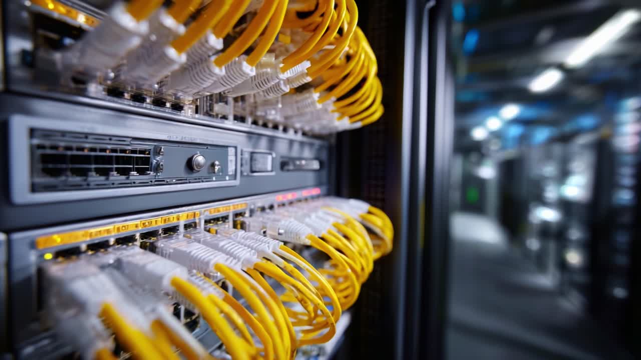Modern Data Center with High-Speed Connections: Close-Up of Network Equipment and Fiber Optic Cables Highlighting the Importance of Connectivity and Technology