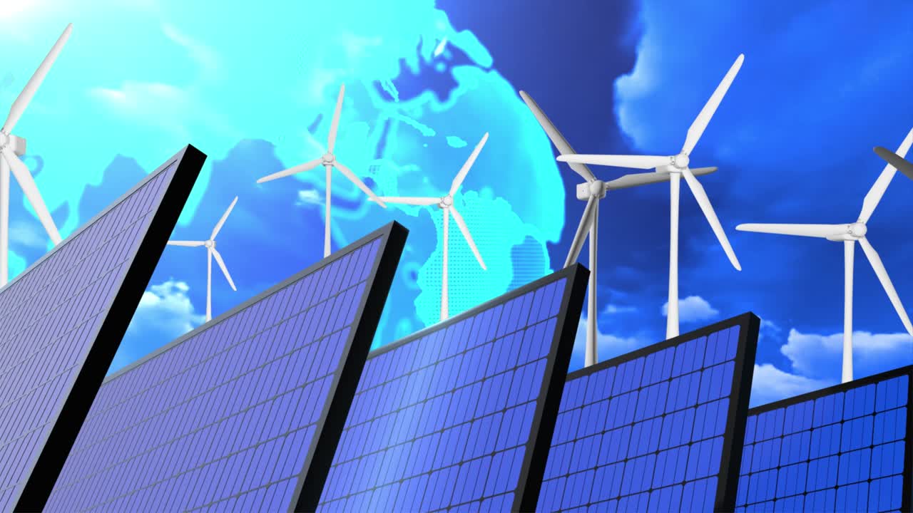 풍력 터빈과 태양 전지 패널에 의해 전력 생산 루프 애니메이션 배경