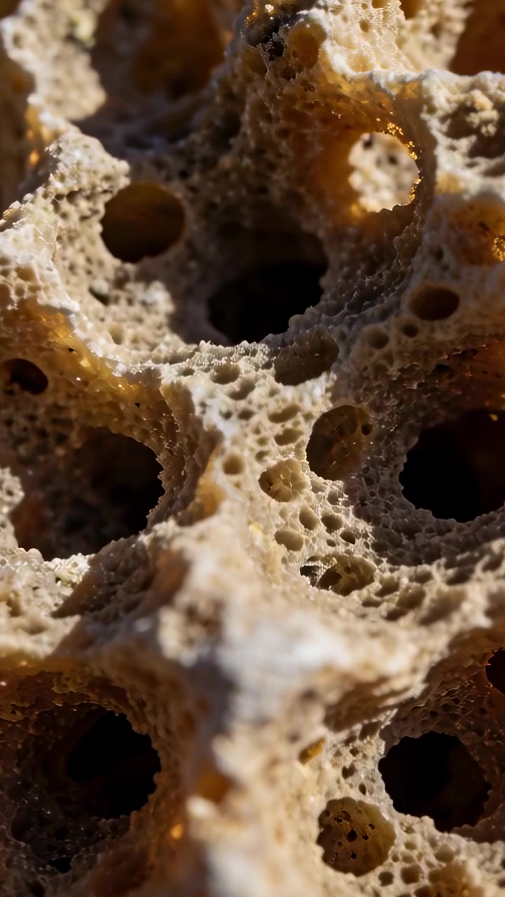 Vertical video: Drifting camera revealing porous coastal rock pores for detail with sand and dropl