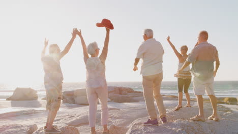 Rückansicht-Von-älteren-Freunden,-Die-Im-Sommergruppenurlaub-Auf-Felsen-Stehen-Und-Auf-Das-Meer-Blicken