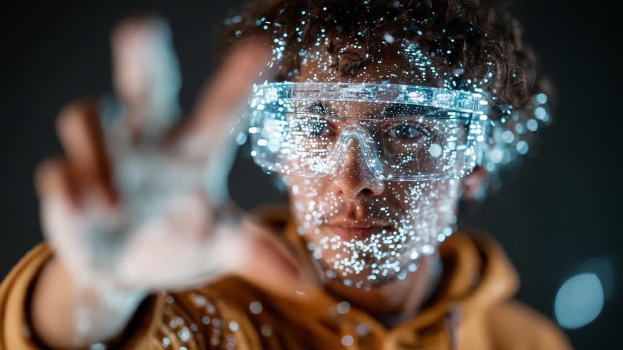 Un individuo futuristico con elementi digitali, che mostra tecnologia avanzata ed effetti visivi tramite dispositivi indossabili per la realtà aumentata in un'atmosfera accattivante.