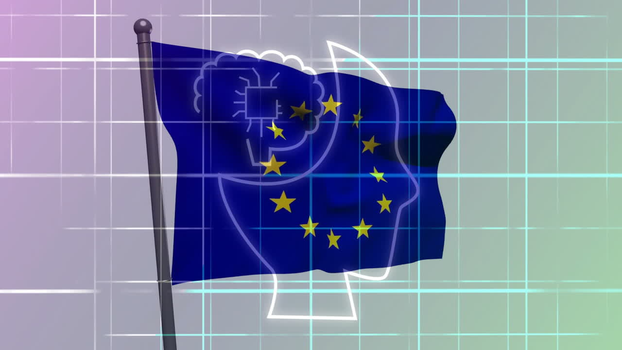 유럽 연합의 발과 인간의 머리 윤 애니메이션을 그리드 배경에