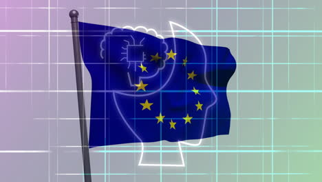 european union flag with human head outline animation over grid background