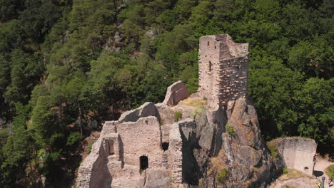 close up aerial shot of a medieval castle in the alsace region of france