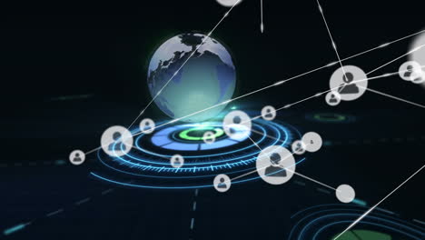 animation of network of connections over globe and scope scanning on black background