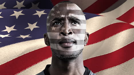 animation of biracial man over american flag