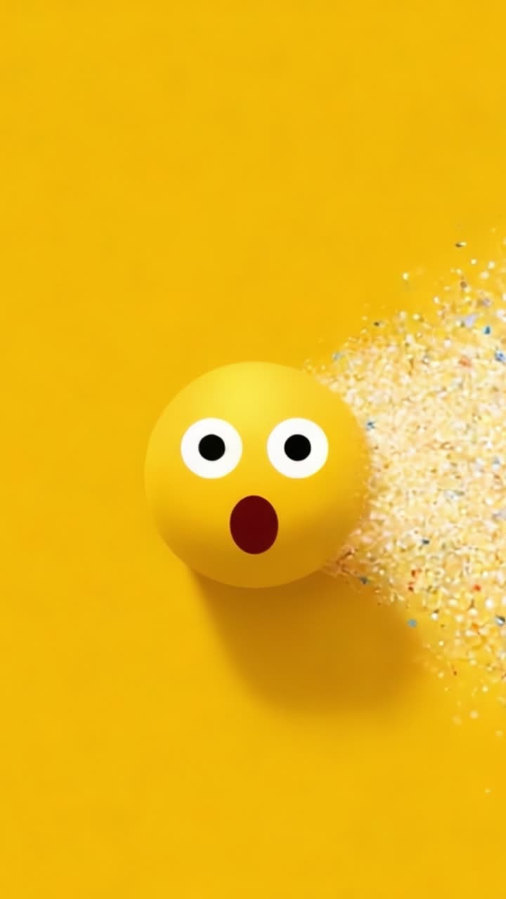 A vibrant yellow ball displays a startled expression, surrounded by a sprinkle of colorful glitter on a bright yellow background, capturing a moment of surprise