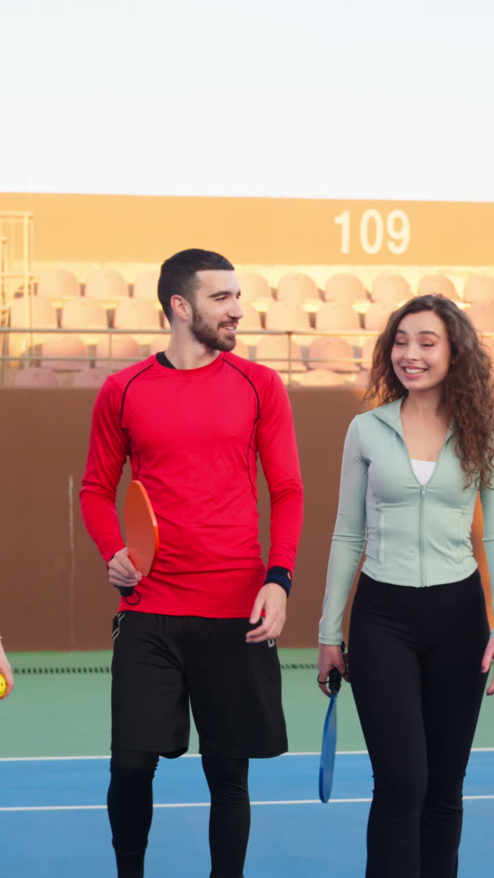 A man and two women with curly hair walking on a blue court, holding pickleball rackets, on a sunny day. Vertical