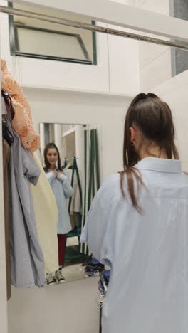 woman trying on clothes in a dressing room with striped curtains