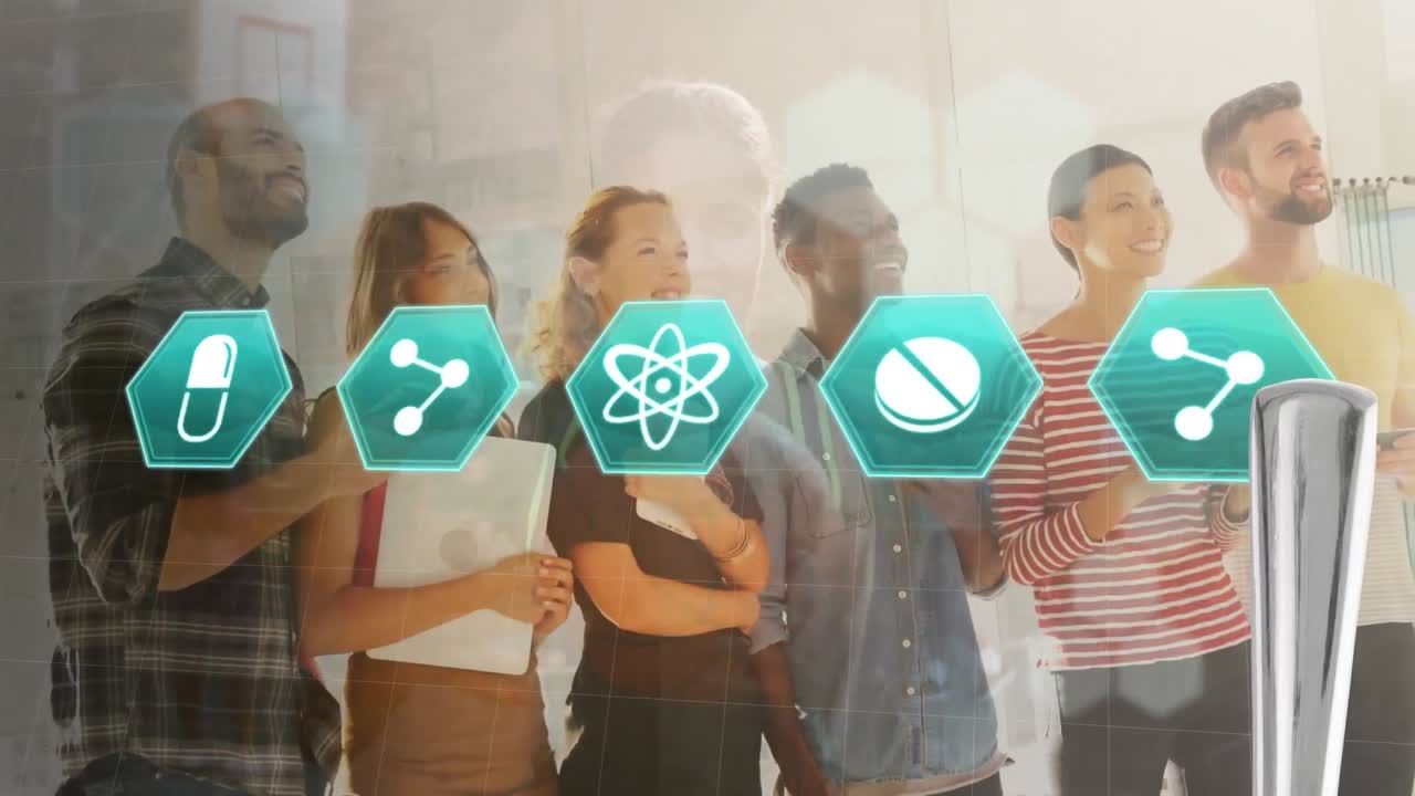 비즈니스 동료들 위에서  ⁇ 박이는 의료 아이콘의 애니메이션