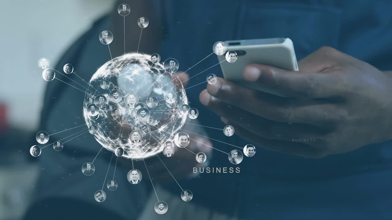 Animazione di elaborazione dati e globo su un uomo afroamericano che usa uno smartphone.