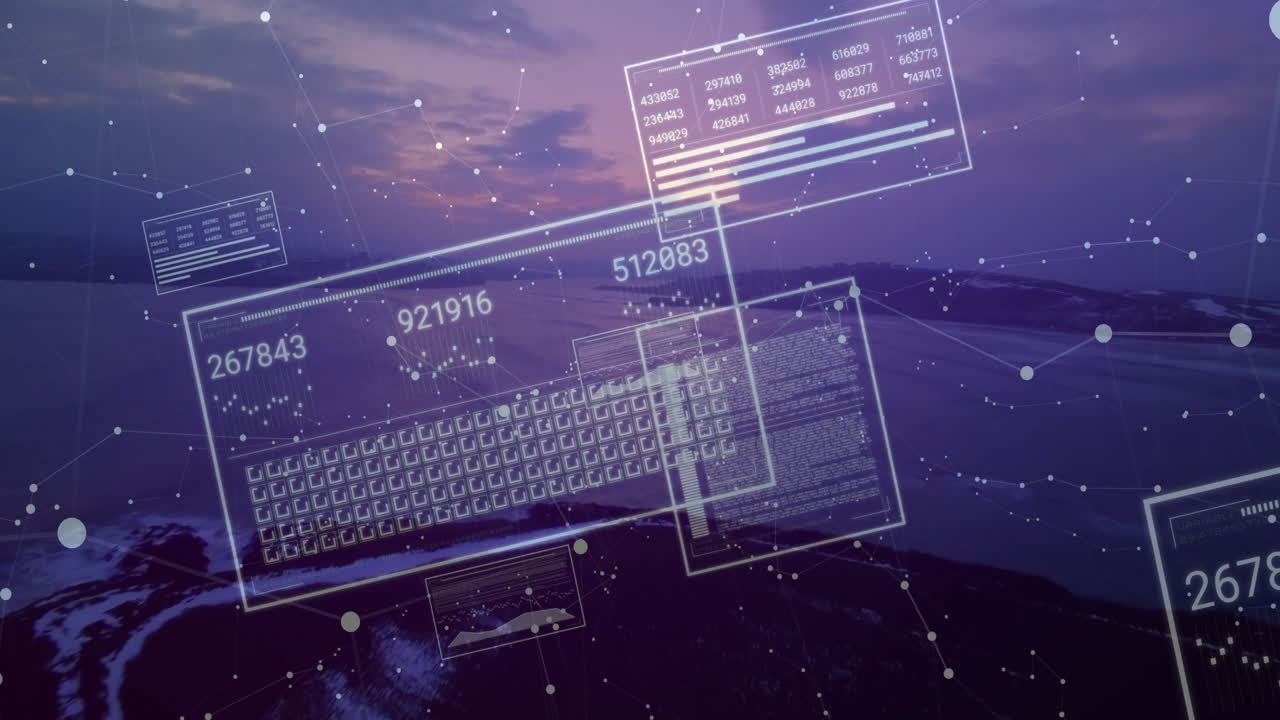 Central interface panel floating above twilight ocean, displaying numeric readouts and node graphs