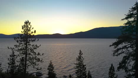 mountain lake sunset view through pine trees on shore at lake tahoe in the sierra nevada mountains - aerial drone flying through