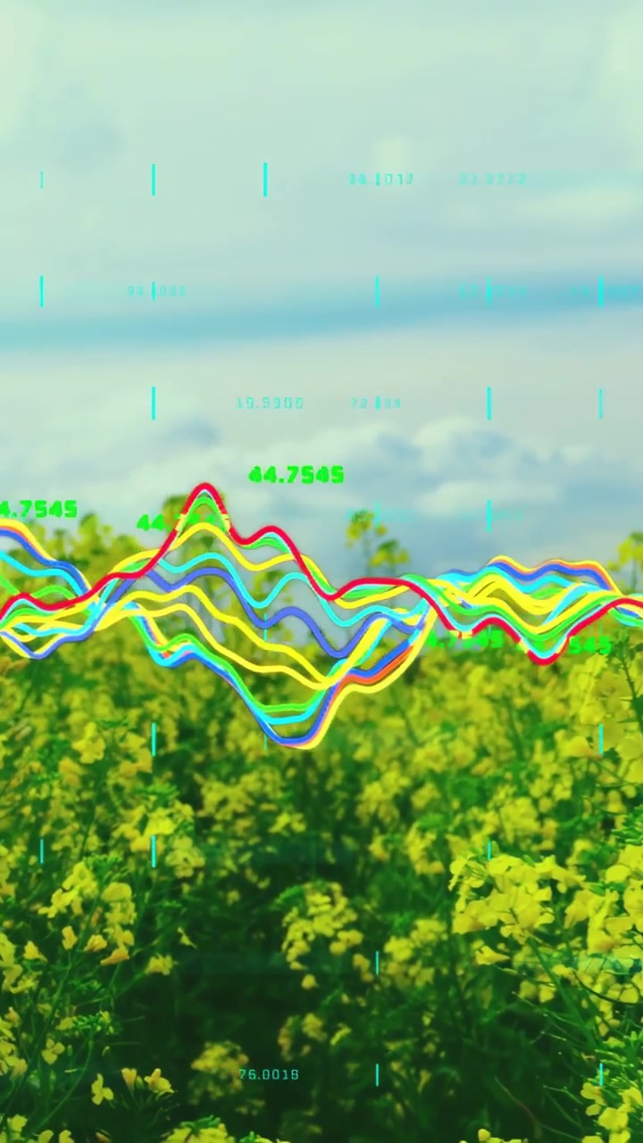 Video verticale: Forma d'onda che appare su un campo giallo, con indicatori che pulsano e si aggiornano e che mostra dati sul raccolto.