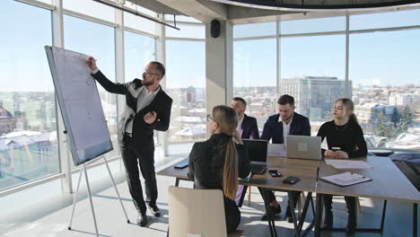 teamwork in the meeting room. developing strategies and new ideas using chart. team of professionals in the light office.