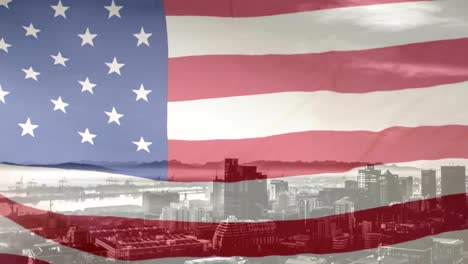 Digitale-Animation-Einer-Amerikanischen-Flagge,-Die-Im-Wind-Vor-Der-Stadt-Weht,-4K