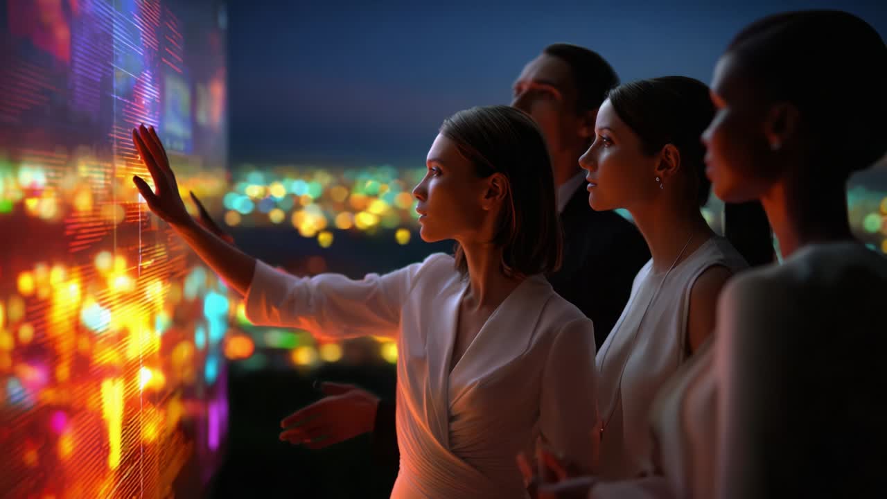 Business Team Exploring Futuristic Technology Overlooking City at Night