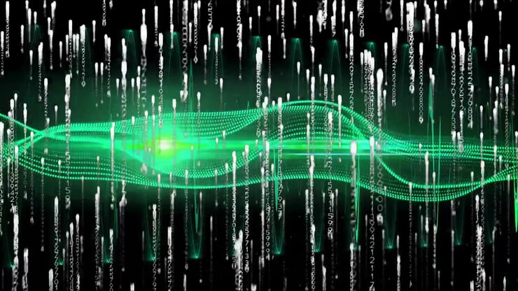 Neon-green waveform line appearing and oscillating, splitting and pulsing, visualizing data streams