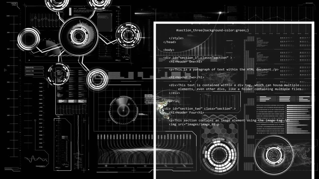 Animation of numbers and data processing over screens