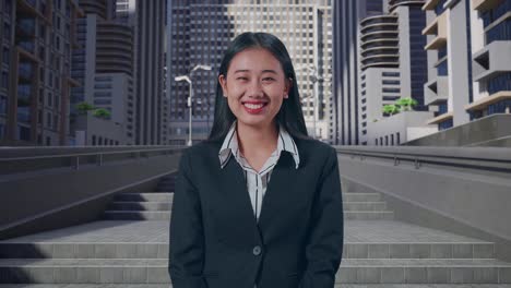 a smiling asian business woman looking at camera in urban city