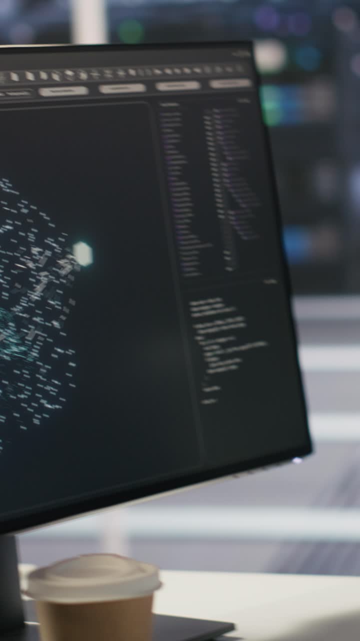 Vertical video Close up of data center PCs showing deep learning visualization