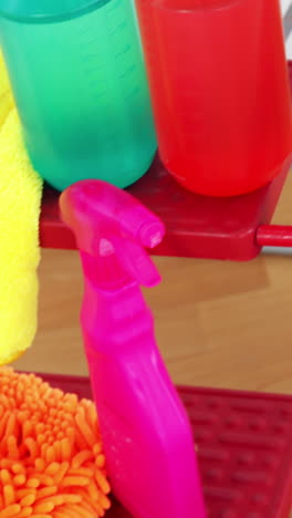 various housekeeping supplies in a bucket