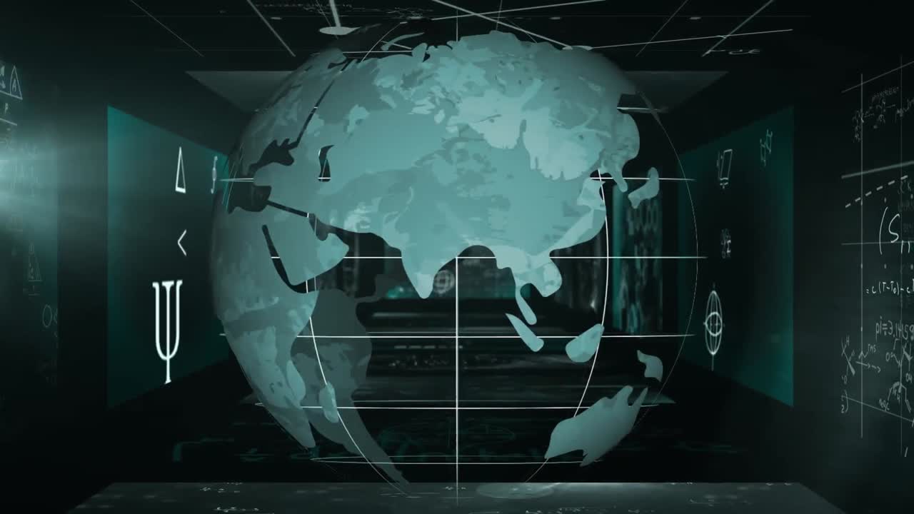 анимация крутящегося земного шара над компьютерными серверами и земным шаром