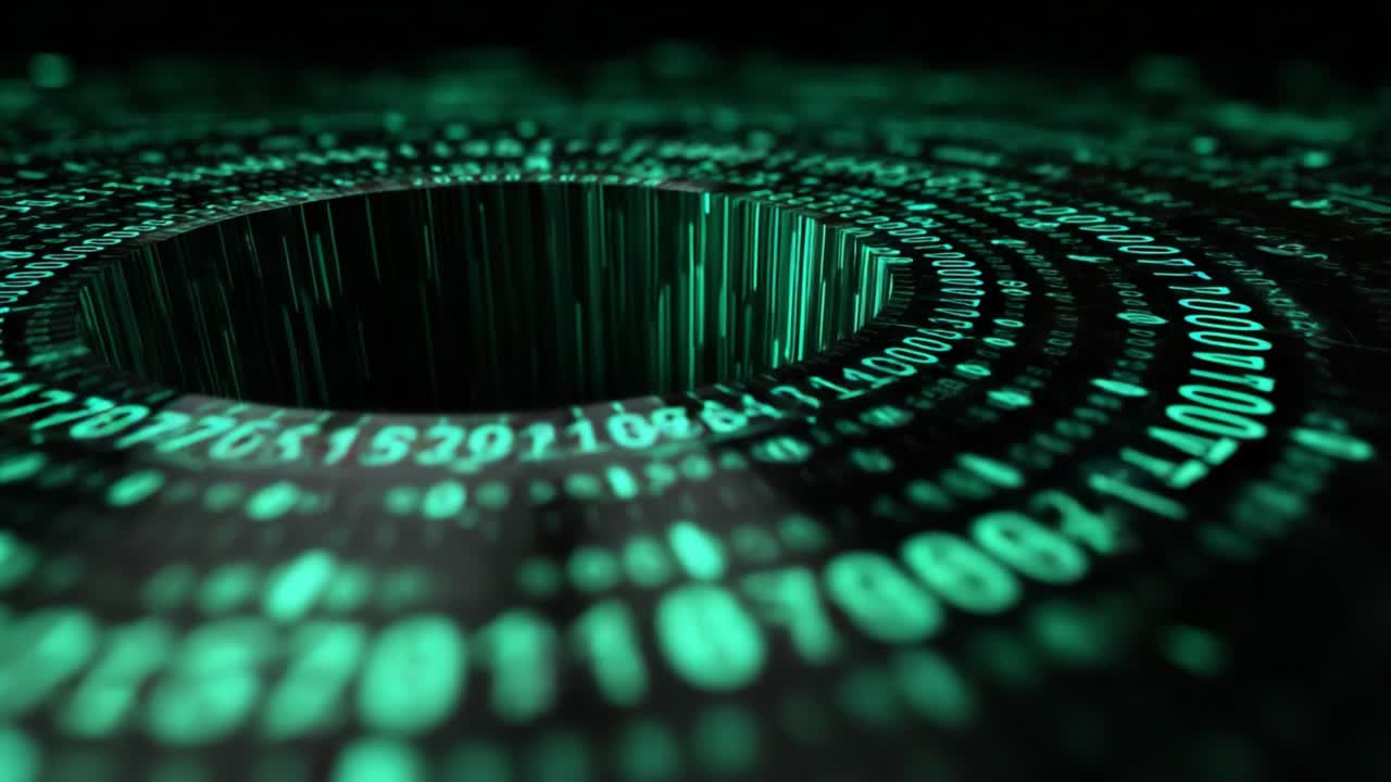 Futuristic abstract background with glowing green binary code flowing and spiraling into a central data black hole, representing concepts of big data, information processing, and cybersecurity