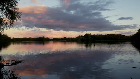 toma estática de un lago pacífico al atardecer