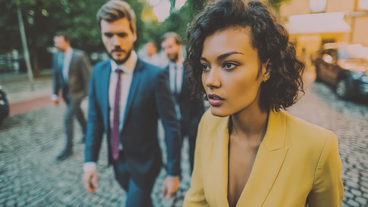 Uma Jornada Confiante: Um Grupo de Profissionais Exala Determinação e Estilo Enquanto Caminham Juntos por uma Rua de Paralelepípedos, Abraçando a Vibe Urbana e a Elegância Moderna.