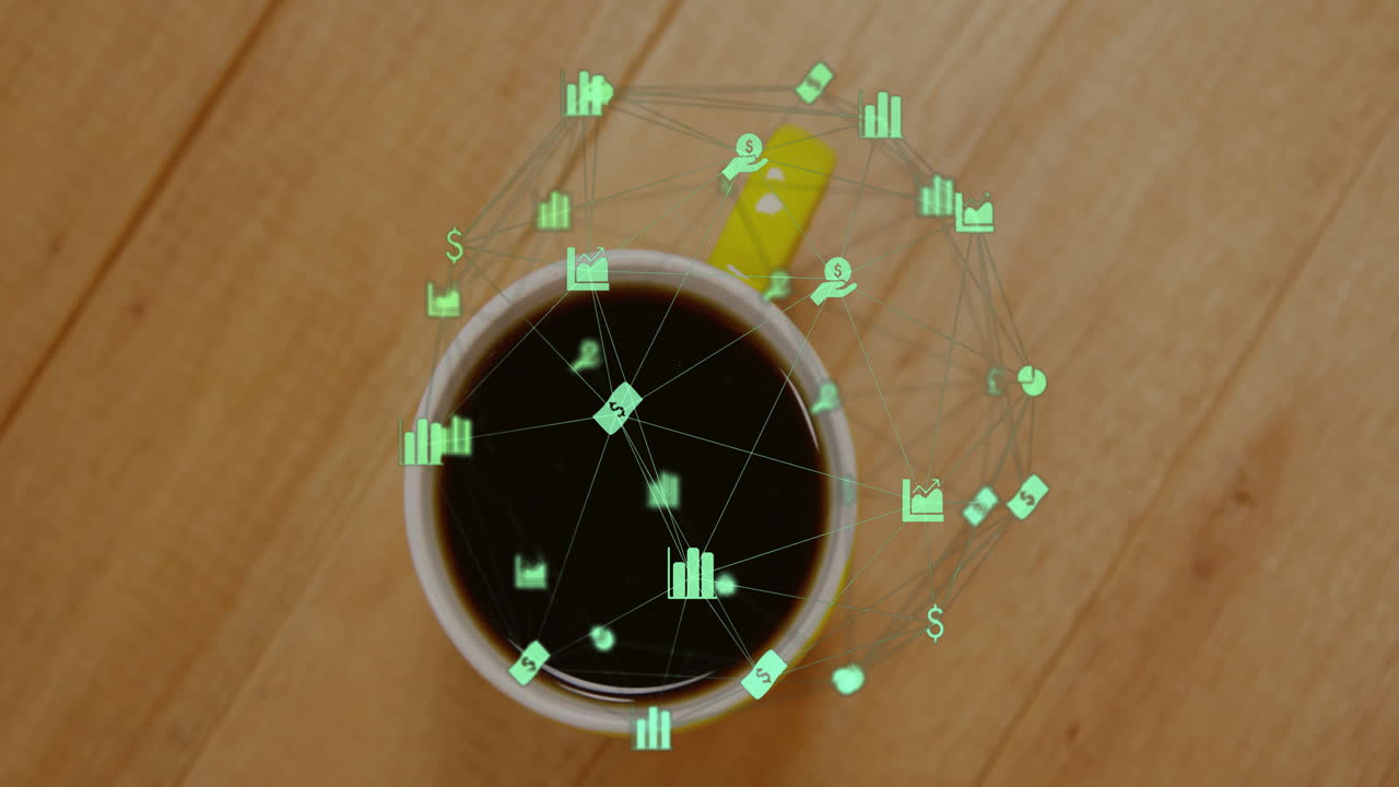 Yellow ceramic coffee mug being wrapped by glowing finance icons in green circular holographic ring