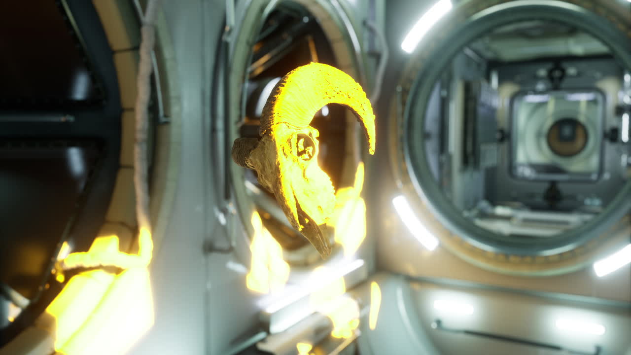 Astronaut observing glowing object inside space habitat on iss