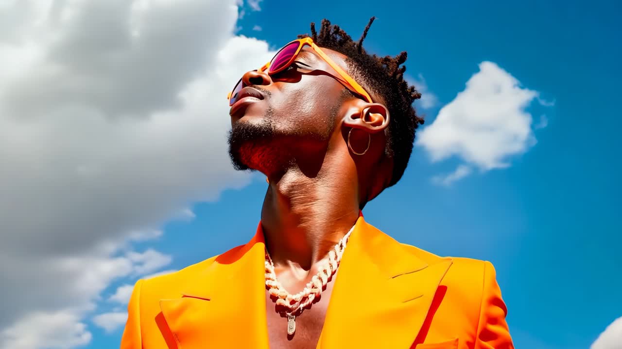 un hombre con un traje naranja y gafas de sol mirando hacia el cielo