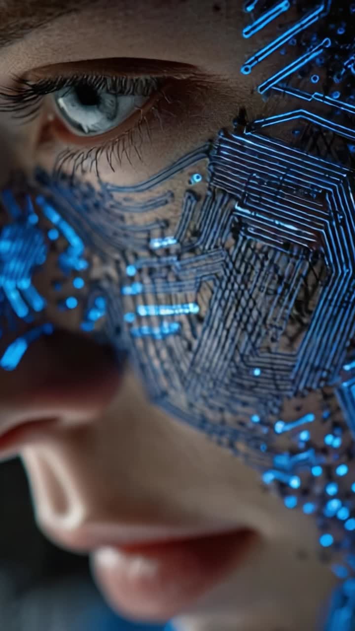 Exploração em close-up de um rosto humano futurista, unindo traços biológicos a um intrincado design de circuitos em uma apresentação cativante de tecnologia e arte