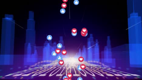 Multiple-heart-and-like-icons-floating-against-light-trails-and-3d-city-model-on-black-background