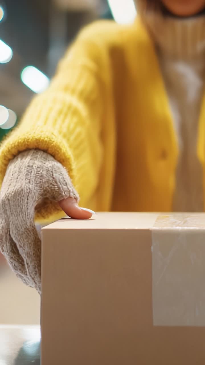 A Cozy Scene of a Person in a Yellow Sweater Tenderly Handling a Package, Capturing the Warmth of Receiving Deliveries During the Festive Season