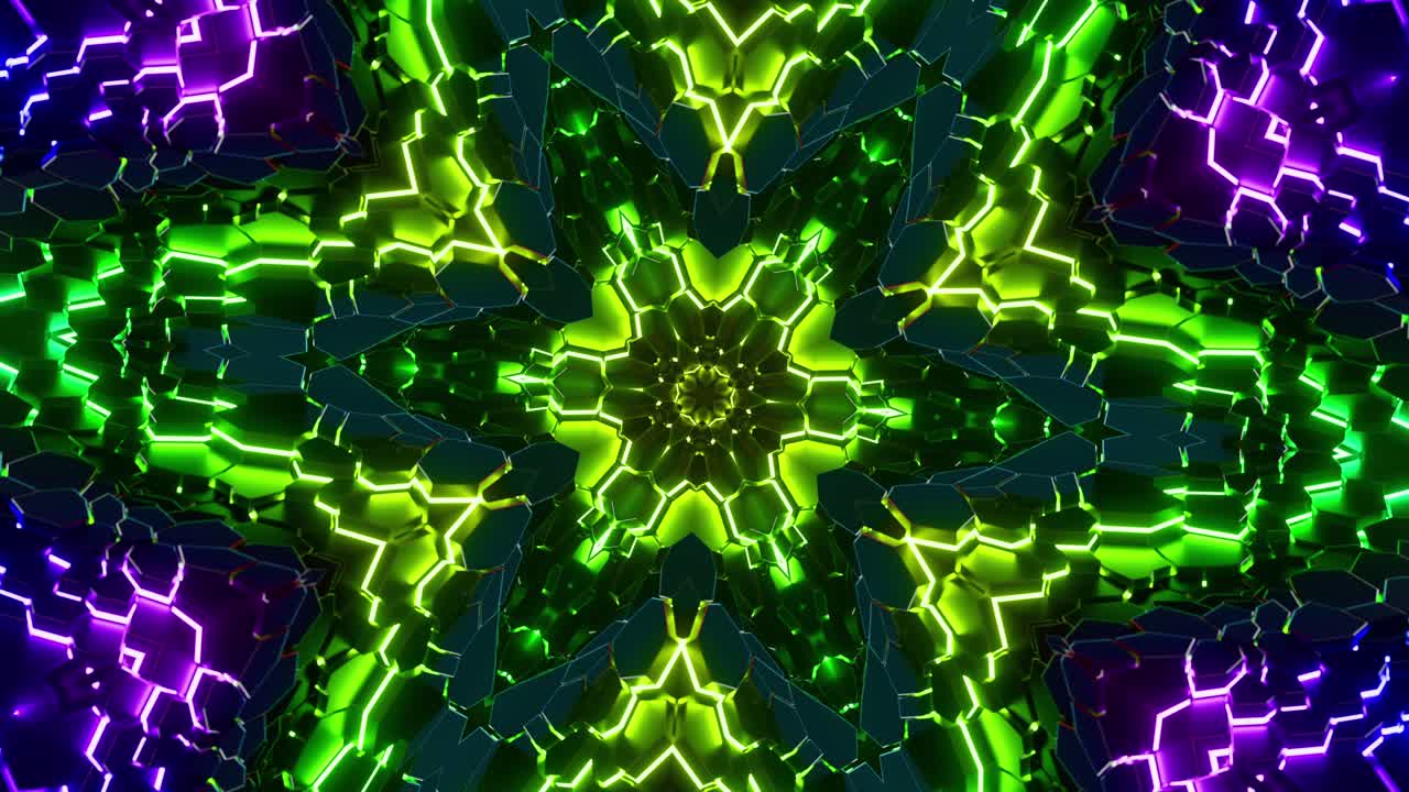 Neon Glow Waves in 3D Hexagon Kaleidoscope. Looped Animation